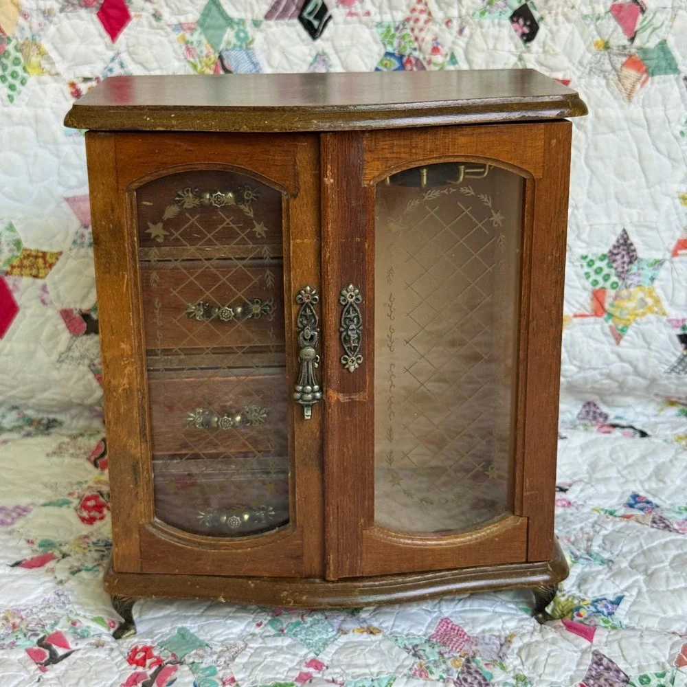 Vintage Wooden Jewelry Armoire Box Etched Glass Carousel Drawers Keepsake MCM